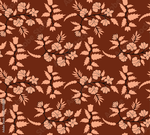 a brown and orange floral pattern on a brown background.Floral Seamless Pattern with Leaves and Flowers on Brown Background