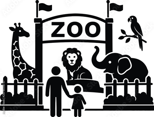 Zoo Entrance Illustration with Family Visitors and Wildlife Animals