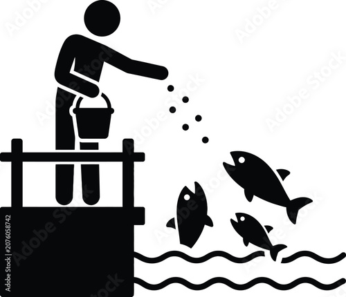 Fish Feeding Activity Illustration, Aquaculture and Marine Recreation Concept