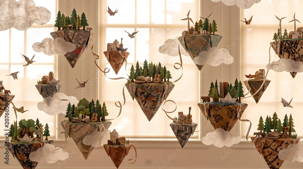 Fototapeta premium Floating Origami Worlds Symbolizing Global Cultural Diversity Paper Art 