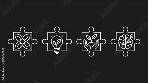 Foto Four interconnected puzzle pieces icons. on black background