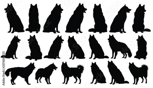Husky dogs are arranged in this detailed assortment of twenty-one black silhouettes capturing the graceful and alert nature of the breed in multiple stances for professional graphic design projects.