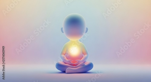Cute minimalist child character meditating with a glowing heart. Inner peace and mindfulness for kids. Simple 3D character sitting in a lotus position with a radiant light in chest