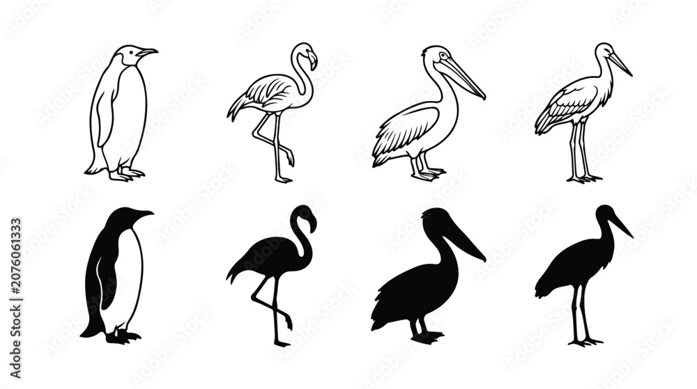 Obraz premium Hand drawn bird icons set, black and white penguin flamingo pelican and stork vector illustrations, wild bird silhouettes and line art