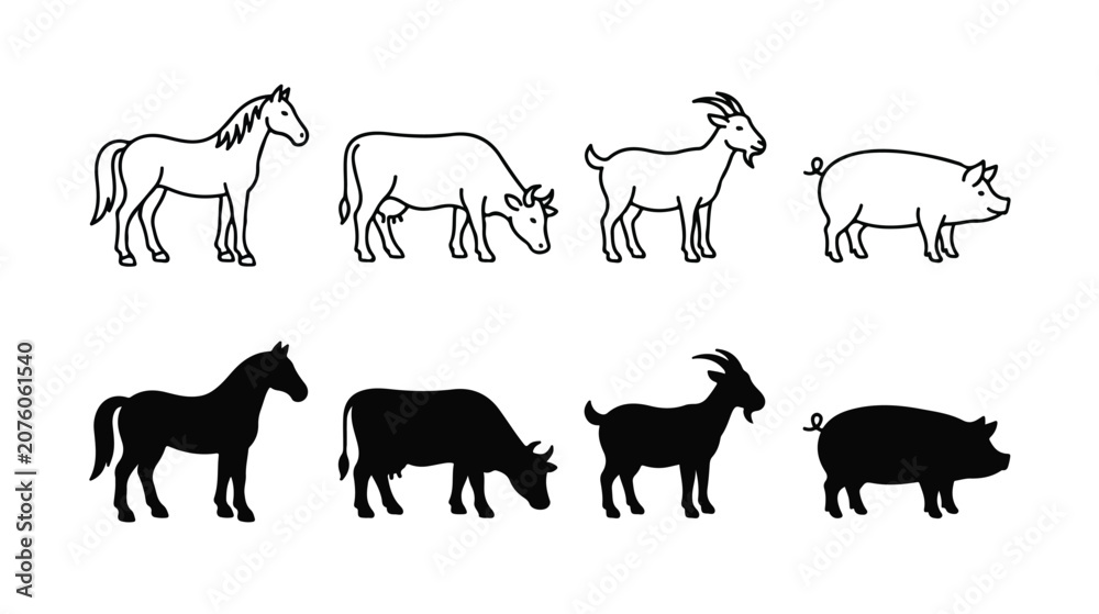 Obraz premium Hand drawn farm animal icons, minimalist line art and black silhouettes of horse cow goat and pig, rustic livestock vector set for agricultural branding