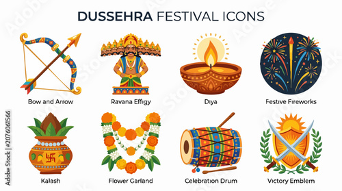 Dussehra Festival Icons: A vibrant collection of symbolic illustrations representing the essence of the Dussehra festival, including a bow and arrow, Ravana effigy, diya, festive fireworks, kalash.