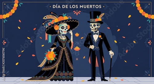 Dia de los Muertos Day of the Dead Catrina and Catrin Skeleton Couple Illustration