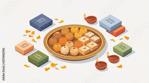 Traditional Indian Mithai Sweets Platter with Diyas and Diwali Gift Boxes Illustration