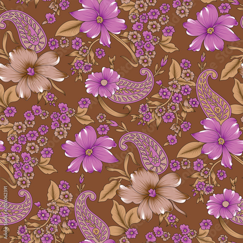 a brown and purple floral pattern.Seamless floral pattern with paisley and pink flowers on brown background