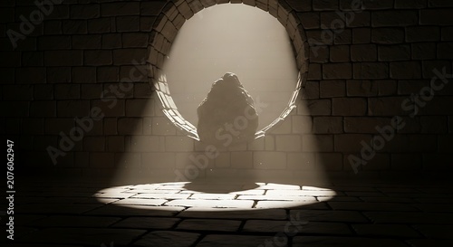 dramatic shadow, mysterious silhouette, spotlight, stone archway, dark atmosphere