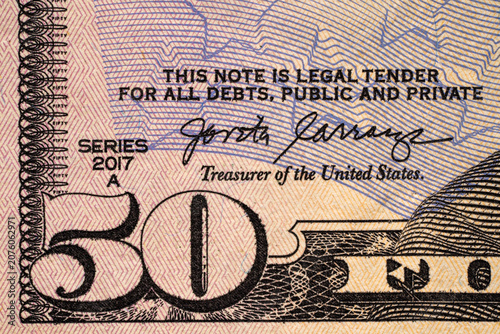 Foto Close-up view of a fifty dollar bill showing details and signature