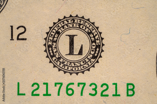 Картината върху платно Federal Reserve seal and serial number on currency from California