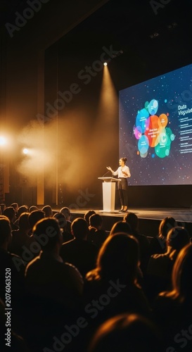 Inspiring Speaker Presents Data Visualization to Engaged Audience During Conference.
