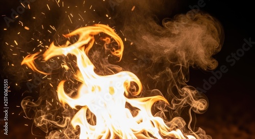 Intense Fire Flames and Smoke Against a Dark Background.