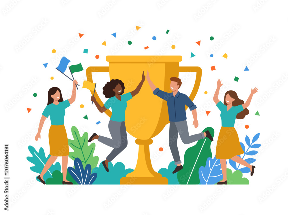 Fototapeta premium A diverse group of people celebrating a victory with a large golden trophy and confetti.