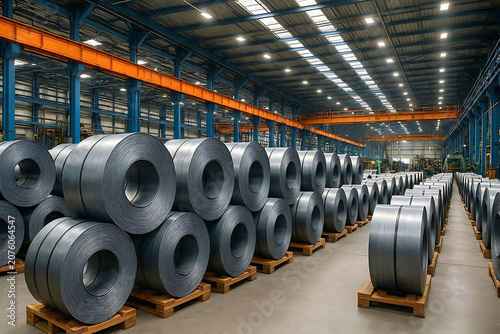Large rolls of steel sheet coils stored in a heavy industry manufacturing factory warehouse.