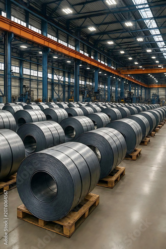 Large rolls of steel sheet coils stored in a heavy industry manufacturing factory warehouse.