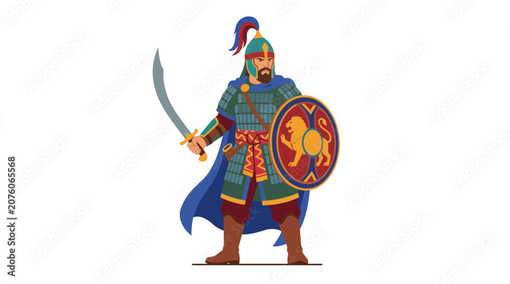 Fototapeta premium A warrior in historical armor holds a sword and shield, ready for battle.