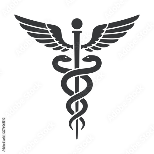 Fényképezés Medical caduceus symbol featuring a staff with two entwined snakes and wings in