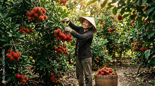 Farmer Harvesting Fresh Red Rambutan Fruit on Plantation