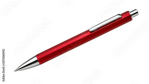 Red metal ballpoint pen with chrome clip office writing stationery business tool shiny diagonal modern design object isolated on a transparent background