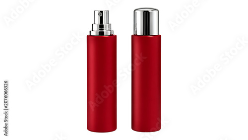 Red cosmetic spray bottles with chrome caps for perfume packaging skincare mist container beauty mockup product set isolated on a transparent background