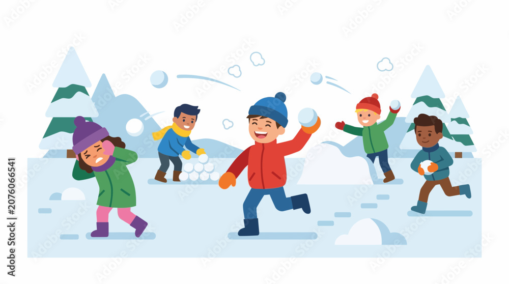Fototapeta premium Children joyfully engage in a lively snowball fight amidst a snowy winter landscape with snow-covered trees.