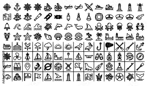 Nautical Adventure Outline Icon Pack Vector with Sailing Ocean Wildlife Harbor and Navigation Symbols for Web and Print