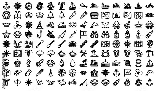 Nautical Outline Icon Set Vector with Maritime Navigation Sailing Ocean Harbor and Marine Symbols Black and White Collection