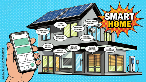 Smart Home Pop Art Illustration with Connected Devices