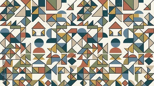 Abstract Seamless Geometric Pattern with Retro Shapes and Earthy Tones
