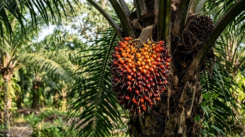Vibrant Red and Orange Oil Palm Bunch Ready for Harvest on Plantation Tree