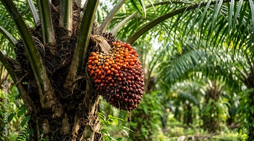Close Up of Ripe Oil Palm Fruit Bunch on Tree Trunk in Plantation Field