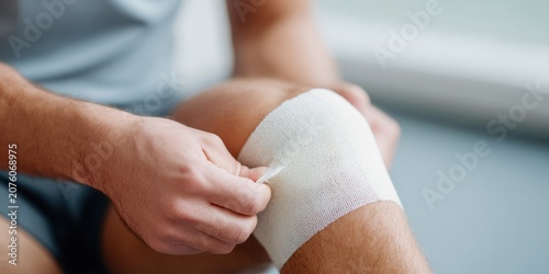 Person applying or adjusting a white bandage to an injured knee, emphasizing first aid, self-care, injury recovery, and health management