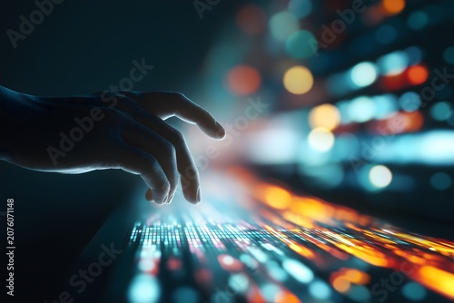 A hand interacts with a bright, computerized data interface with blurred, colorful lights.