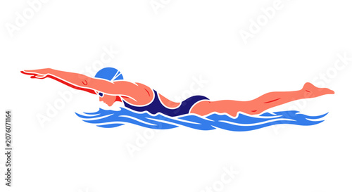 Woman in swimsuit swimming freestyle stroke.