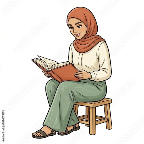 Warm reading clip art of a smiling woman in a terracotta hijab seated cross-legged on a wooden stool, holding an open brown book, bold outlined illustration isolated on clean white background