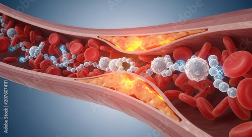 Blockage in a human artery. Concepts of cardiovascular health and medicine. Detailed medical visualization of a narrowing blood vessel with flowing red blood cells