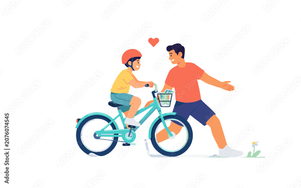 Fototapeta premium A father proudly teaches his son to ride a bicycle, with a small heart symbolizing their love and connection.