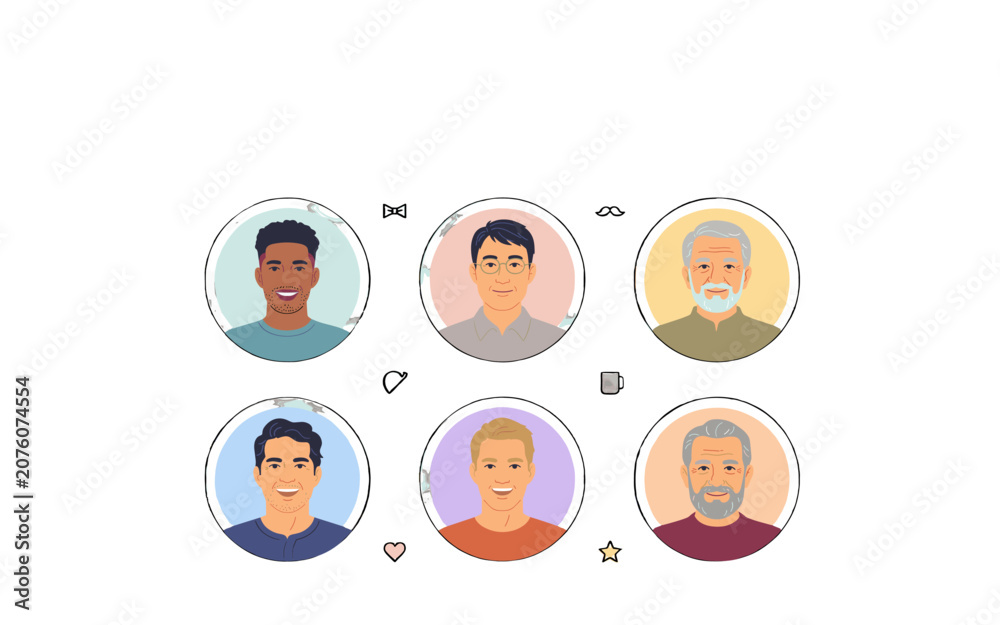 Fototapeta premium Six illustrated circular portraits of men with diverse ages and ethnicities.