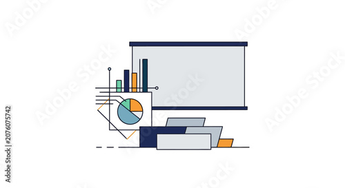 Business presentation with graphs and charts.