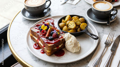 Photography Gourmet stuffed french toast with red berry coulis cream and roasted potatoes served with coffee on marble tabletop