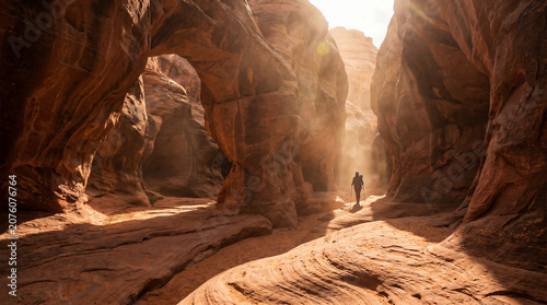 Hiker walking through a sunlit slot canyon in the desert with light beams shining down from above.