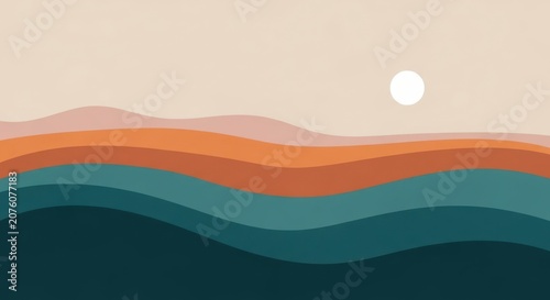 Minimalist landscape with wavy lines in shades of orange and green under a beige sky with a white sun