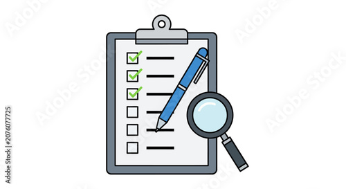 Clipboard with Checklist and Magnifying Glass.