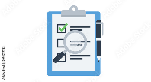 Clipboard with Checklist and Magnifying Glass.