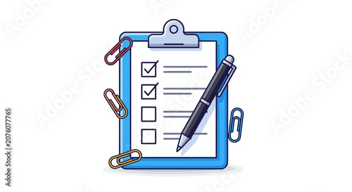 Clipboard with Checklist and Pen.