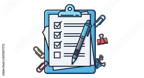 Clipboard with Checklist and Pen.