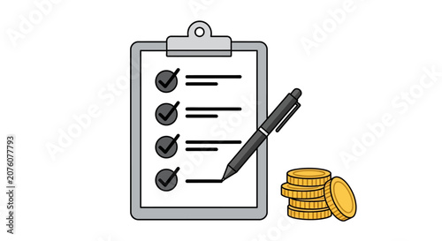 Clipboard with coins and pen.