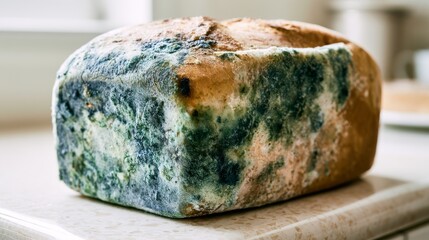 Moldy bread sits on a counter in a kitchen during daylight hours showing signs of spoilage and decay